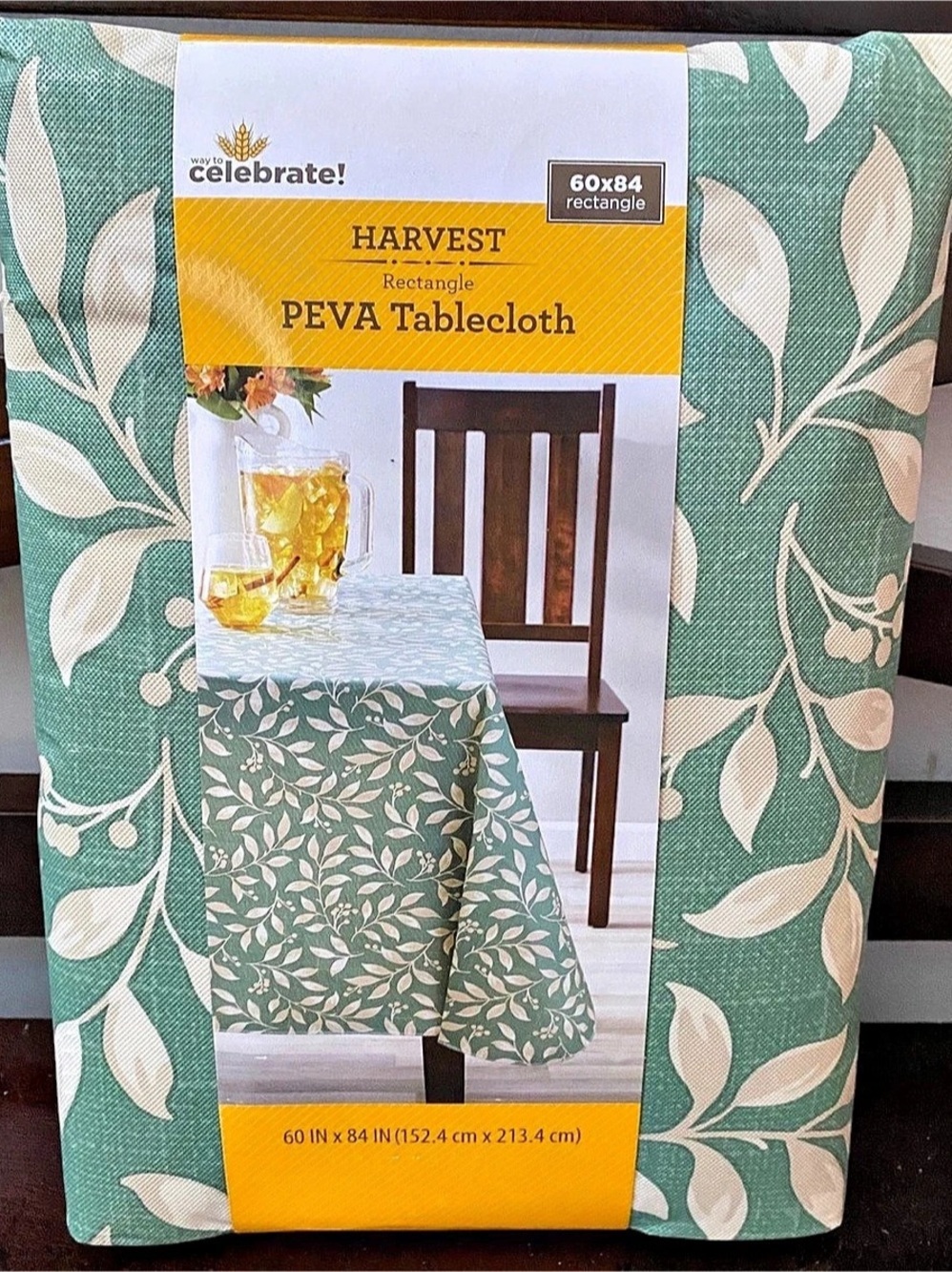 Celebrate! Harvest Rectangle PEVA Tablecloth! Green & White 60 x 84 in NWT